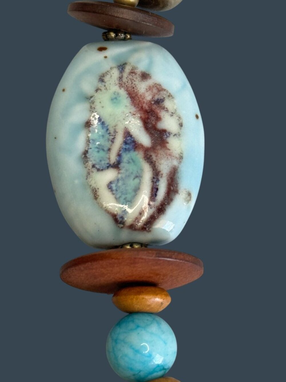 Boho Turquoise Chunky Necklace Stone Pendant Ceramic Bead Adjustable 26in - Picture 3 of 10